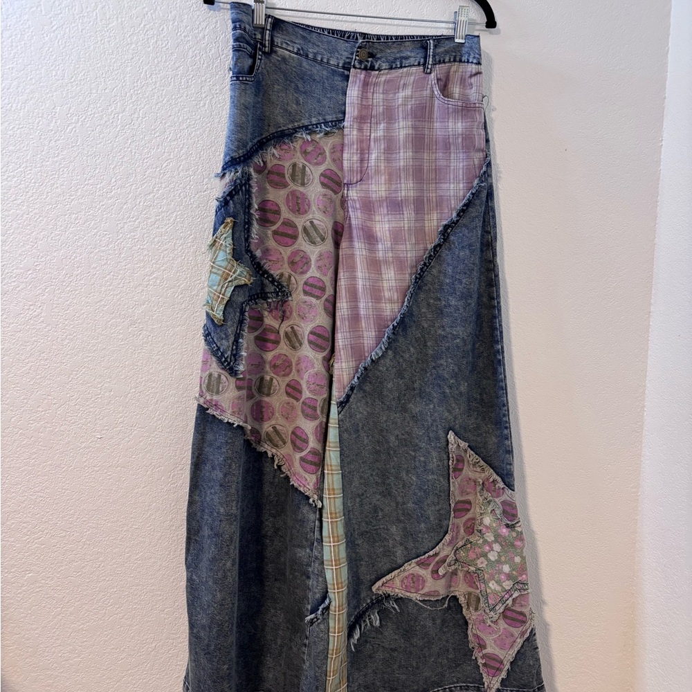 Blue Velvet Contrasting Patchwork Denim Wide-Leg Pants Size M NWT Sealed Bag - Picture 3 of 10